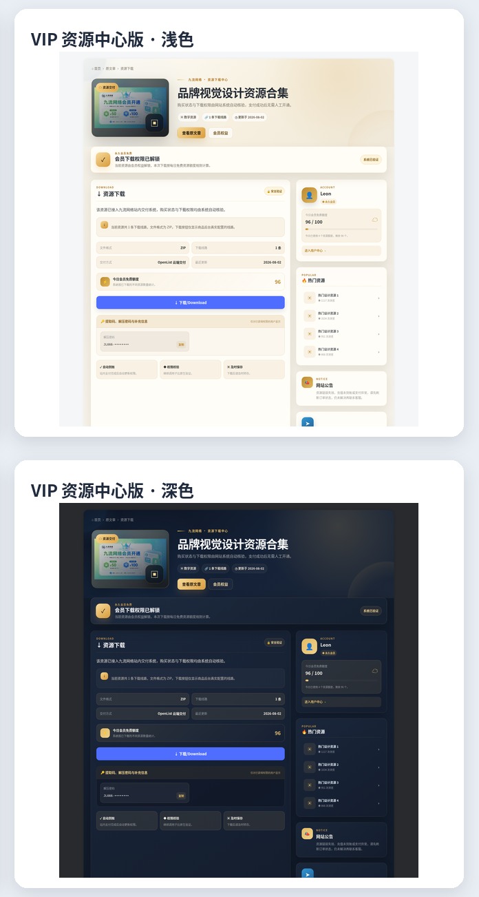 VIP 资源中心版独立下载页浅色与深色预览